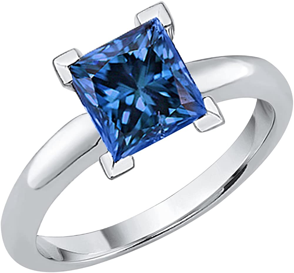 Blue Sapphire Diamond Engagement Solid 14K White Gold Ring